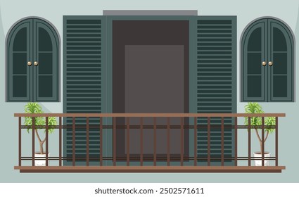 A balcony with plants and shuttered windows