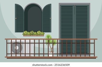 Un balcón con plantas y ventanas con persianas