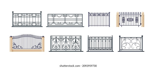 Balcony railing and gates, fence outdoor exterior entrance. Vintage modern home balconied facade, terrace fences. Architectural ornament decoration railing wall from forged metal structures vector