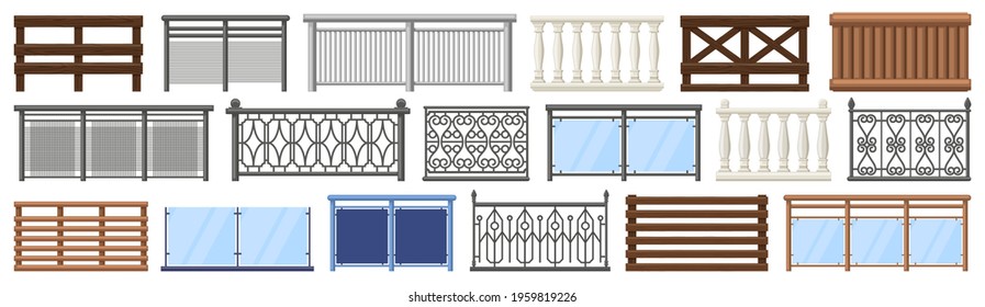 Balcony railing. Metal, wooden and stone decorative balcony fences, terrace fencing isolated vector illustration set. Home facade balcony elements. Balcony facade, construction banister balustrade