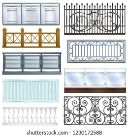  Balcony railing vector vintage metal steel fence balconied decoration architecture design illustration set of classical handrail balustrade construction isolated on white background