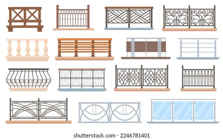 Balcony railing. Wooden and stainless railings house fencing architecture, decorative handrail terrace glass balustrade metal banister of exterior, neat vector illustration of balustrade architecture svg