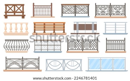 Balcony railing. Wooden and stainless railings house fencing architecture, decorative handrail terrace glass balustrade metal banister of exterior, neat vector illustration of balustrade architecture Imagine de stoc © 