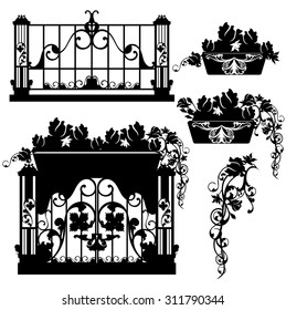 balcony with rose flowers - black and white vector design set