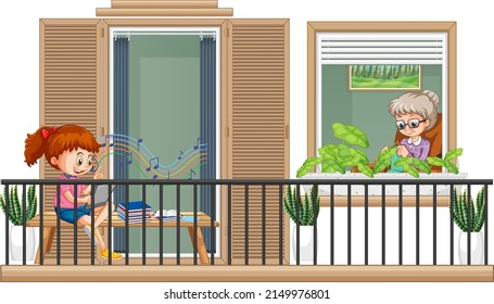 Balcony Scene With Cartoon Chracter Illustration