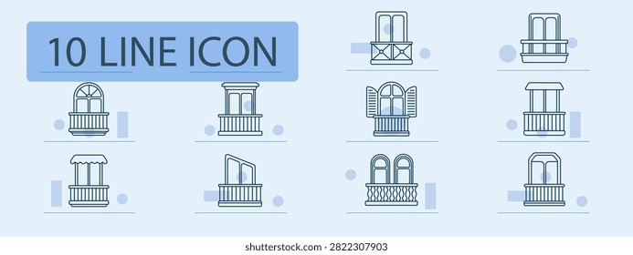 Balcony set icon. Arched window, classical terrace, awning facade, open shutters, decorative railing, residential architecture, exterior design, urban apartment, building frontage, ornamental structure