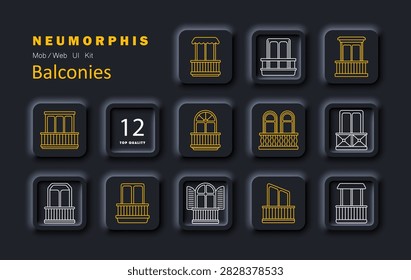 Balcony set icon. Architectural facade, decorative railing, arched opening, residential exterior, ornamental balustrade, terrace frontage, classic construction, urban dwelling, window platform