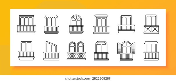 Balcony set icon. Residential facade, awning structure, arched window, classical terrace, flower railing, shuttered opening, architectural exterior, apartment frontage, decorative framework