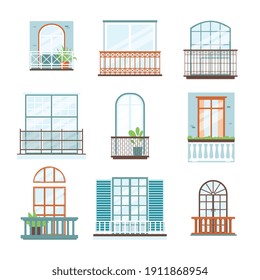 Balcón - decoración moderna de la ventana de la fachada colección aislada de fondo blanco. Distintos estilos arquitectónicos, ilustración vectorial plana