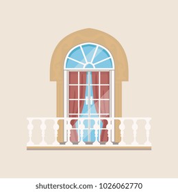 Balcony with stone balusters and arched window vector Illustration