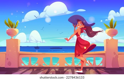 Balkon Sommer-Panoramablick auf das Meer, Vektorhintergrund. Modell in Hut auf Terrasse Cartoon Illustration. Meereslandschaft mit Mädchen, die auf dem Boden in der Nähe von Steinzaun stehen. Sonnentag am Mittelmeer-Damm