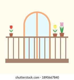 balcony summer spring illustration vector with flowers on the balcony tulips miltonia flat illustration house isolated balcony door glass tree