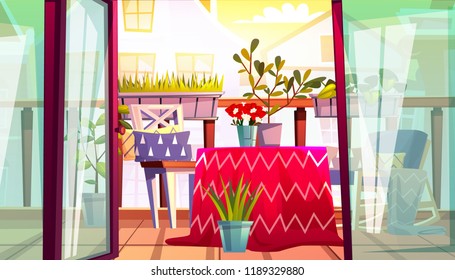 Balcony with table and chairs vector illustration of home terrace from apartments with balcony garden, view on street houses. Cartoon comfortable vintage cozy flat background