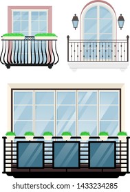 Balcony vector vintage balconied railing windows facade wall of building illustration set of beautiful architecture decor window-pane facade isolated on white background