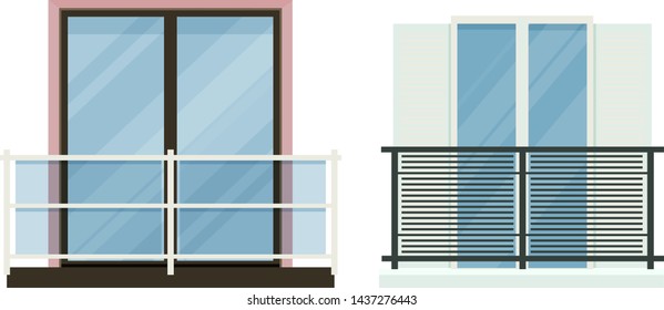 Balcony vector vintage balconied railing windows facade wall of building illustration set of beautiful architecture decor window-pane facade isolated on white background