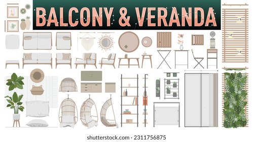 Balcony, Veranda or Terrace Furniture Set with Top and Side Views for Interior Architectural Drawings