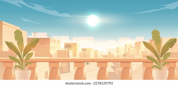 Balcony view of desert city with plants and bright sky. Vector illustration