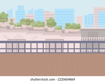 Balcony view flat color vector illustration. Penthouse terrace. Luxury lifestyle. Real estate. Fully editable 2D simple cartoon cityscape with modern buildings and skyscrapers on background