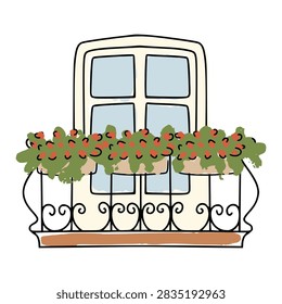 Balcony window with flower boxes and an ornate railing, adding charm and greenery to residential architecture