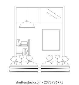 Ventana de balcón con flores en macetas bw concepto de ilustración de spot vectorial. Arquitectura 2D caricatura línea plana monocromática objeto para diseño de interfaz de usuario web. Imagen de héroe de contorno aislado editable