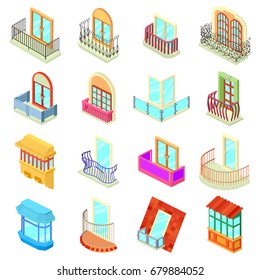 Balcony window forms icons set. Isometric illustration of 16 balcony window forms icons set vector icons for web