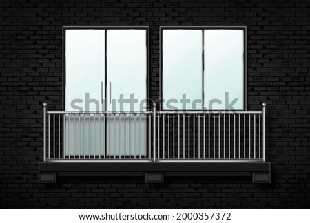 Balcony with window and glass door on a brick wall realistic vector illustration.