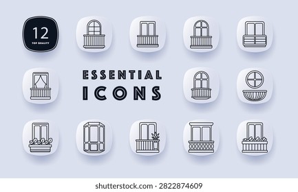 Balcony window set icon. Arched opening, flower box, bay frame, decorative railing, curtain facade, residential exterior, apartment frontage, architectural detail, urban housing, building elevation