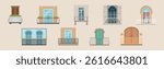 Balcony with Windows Front View and Exterior Vector Set