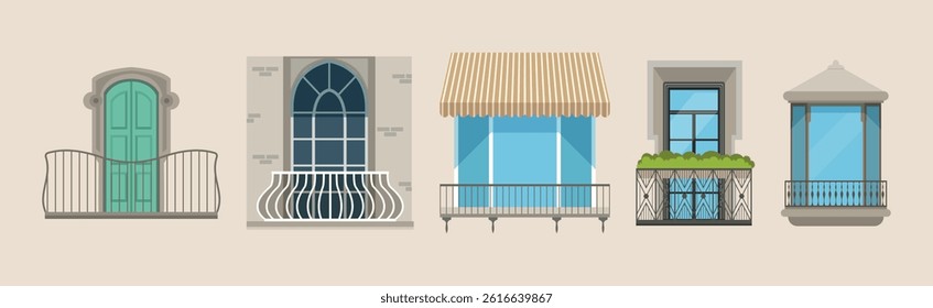 Balcony with Windows Front View and Exterior Vector Set