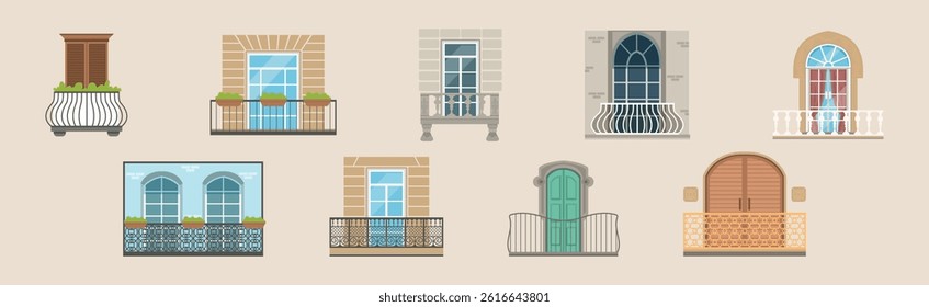 Balcony with Windows Front View and Exterior Vector Set