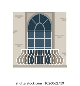 Balcony with wrought iron railing and arched window vector Illustration on a white background