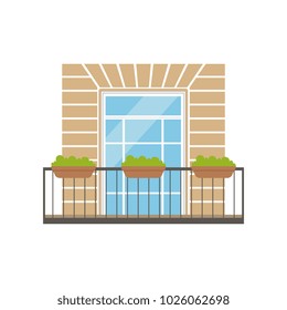 Balcony with wrought iron railing and plants in pots, classical house facade vector Illustration on a white background