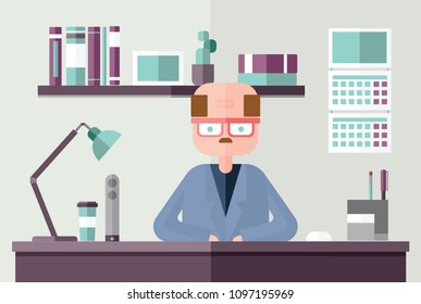 Bald accountant behind the desk in office environment. Flat vector illustration.