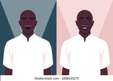 Bald African Man In The Hospital. Cancer Patient With A Nasal Breathing Tube. Coronavirus And Respiratory Therapy. Vector Flat Illustration