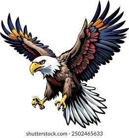 Bald American eagle flying swoop attack vector illustration.