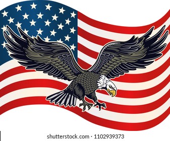 Bald American eagle and USA flag