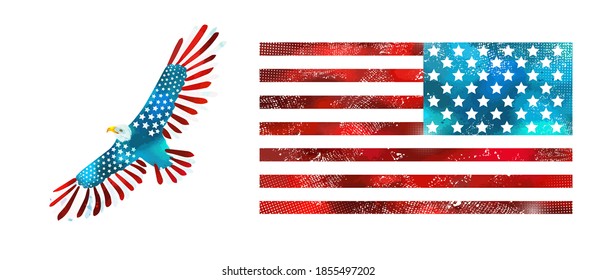 Bald American eagle and USA flag. US Independence Day. Vector illustration