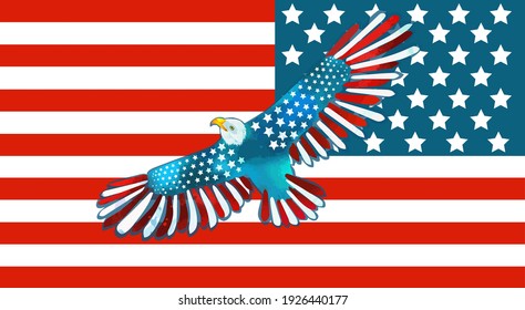 Bald American eagle and USA flag. US Independence Day. Vector illustration