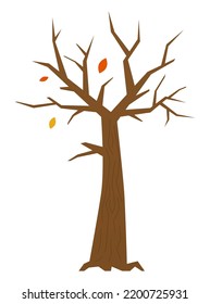 Bald autumn tree - modern flat design style single isolated image. Neat detailed illustration of brown trunk with a pair of orange leaves on branches. November has come, seasons changing and fall idea