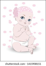 the bald baby with blue eyes, the girl, sits in a diaper