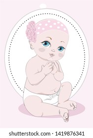 the bald baby with blue eyes, the girl, sits in a diaper, photo frame