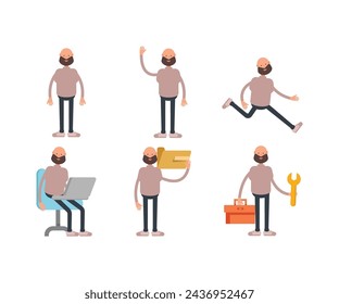 bald and beard man characters set in different poses vector illustration