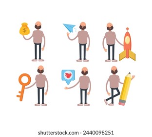 bald and beard man characters set in different poses vector illustration