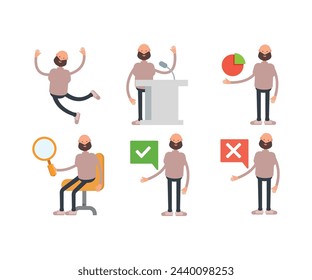 bald and beard man characters set in different poses vector illustration