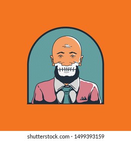 Bald Beard Man Half Face Vintage Vector Style