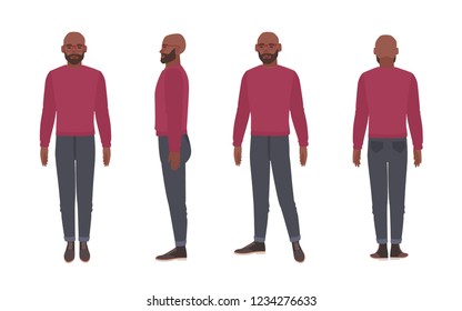 Bald bearded African American man wearing glasses and jumper. Funny male cartoon character isolated on white background. Front, side and back views. Colorful vector illustration in flat style.