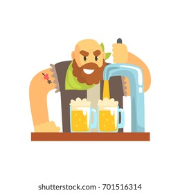 Bald bearded bartender man character standing at the bar counter pouring beer, barman at work cartoon vector Illustration