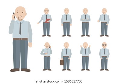Bald bearded Caucasian man standing in different poses. Vector illustration.