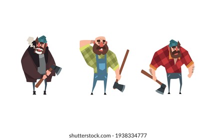 Bald Bearded Lumberjack in Action Set, Powerful Woodcutter Character with Axe Cartoon Vector Illustration