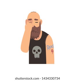 Bald Bearded Man Covering His Face with Hand, Brutal Man Making Facepalm Gesture, Shame, Headache, Disappointment, Negative Emotion Vector Illustration